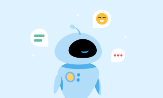 A blue chatbot smiles with conversation bubbles floating around it.