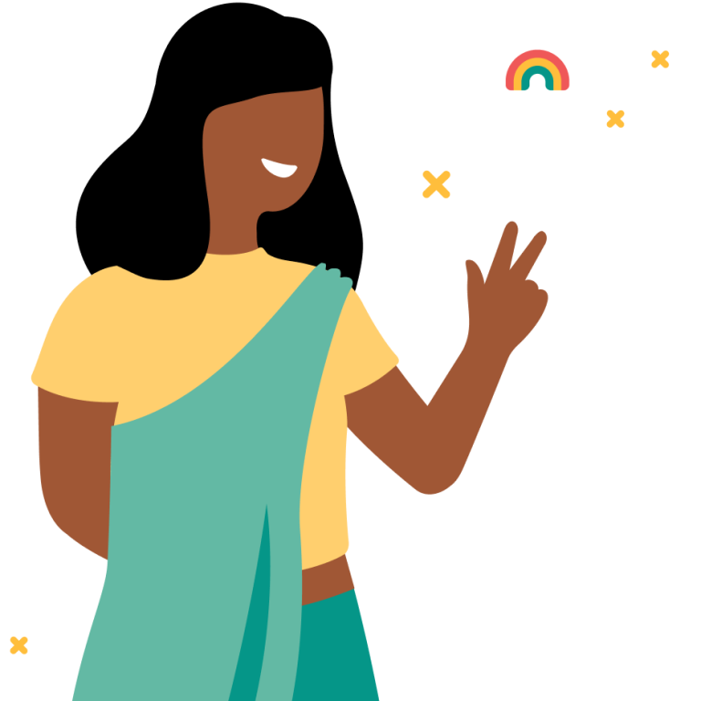 illustration of girl giving peace sign with rainbow icon
