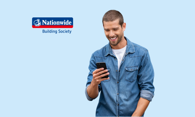 image of man holding phone with blue background and nationwide logo