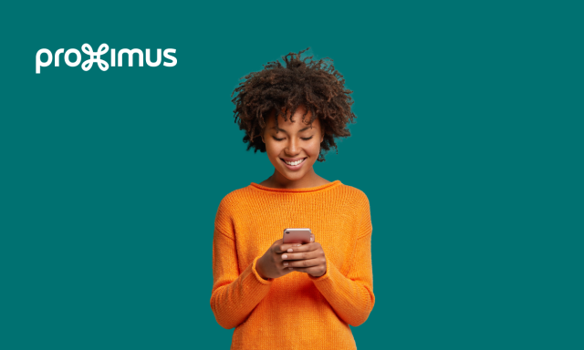 women looking at mobile with a proximus logo