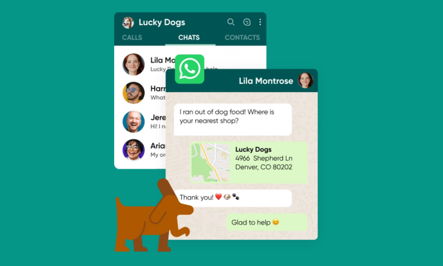 A graphic featuring a dog illustration and an interaction between a dog sitter and the dog owner on Whatsapp
