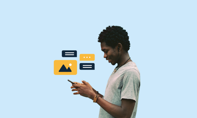 image of man holding mobile phone with image icon