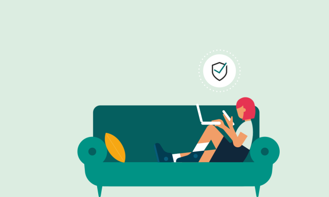 illustration of girl sitting on couch with devices and security shield icon