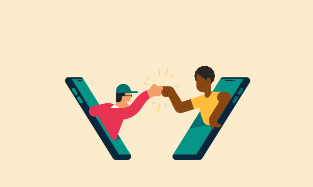 illustration of two people reaching out of mobile phones