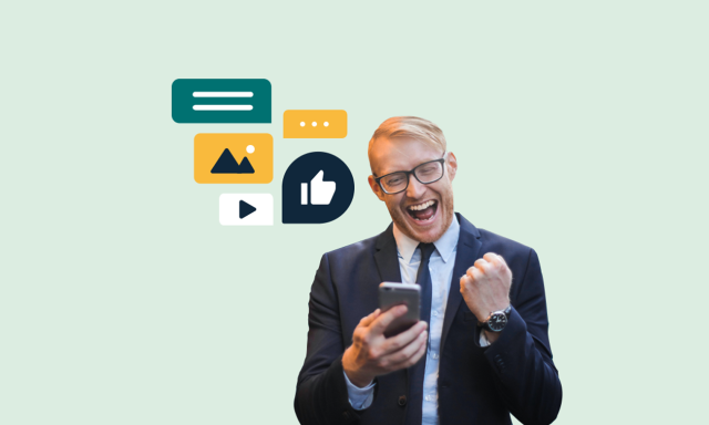 man happy on mobile phone with icons and like button