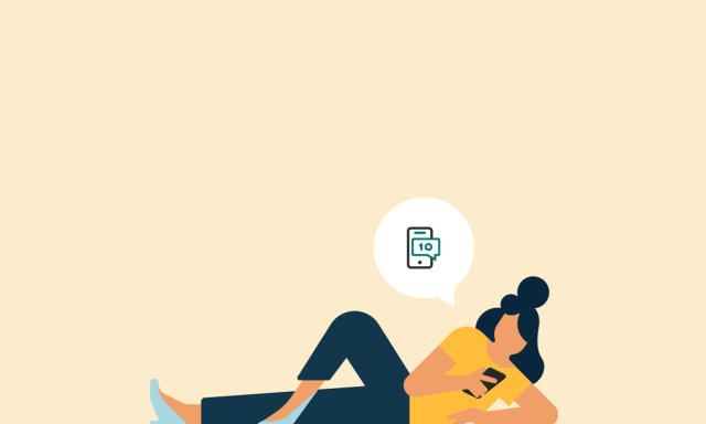 illustration of woman laying down with mobile phone and 10dlc icon
