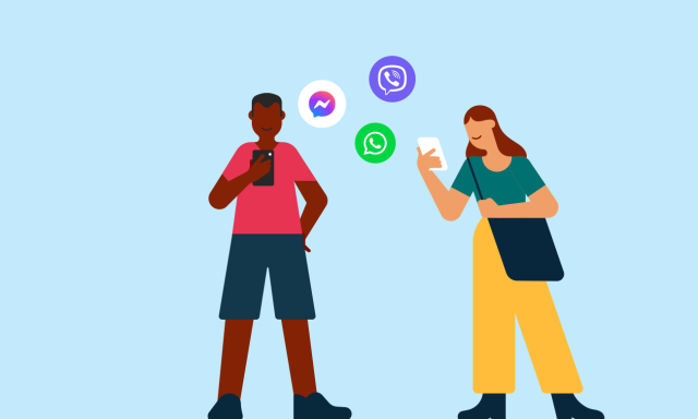 two people on mobile phones with facebook messenger whatsapp icons