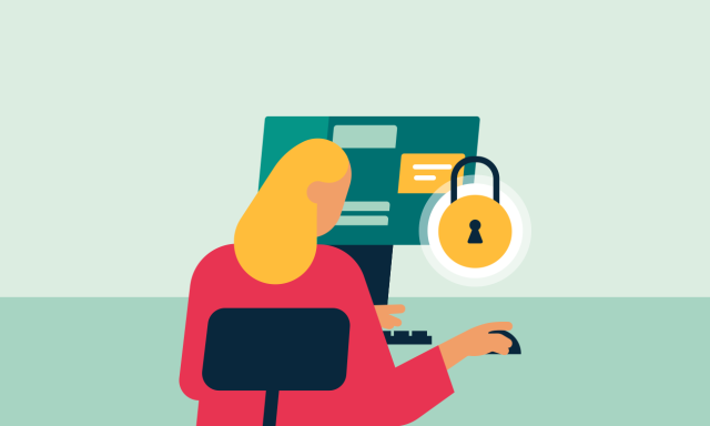 woman on computer with security lock icon