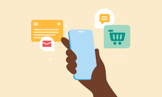 Illustration shows hand holding a mobile phone and online shopping