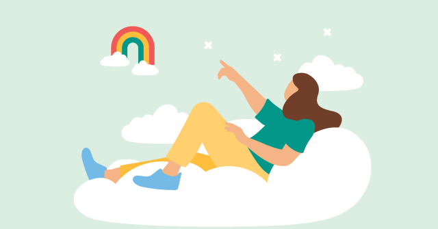 illustration of girl in cloud pointing to rainbow