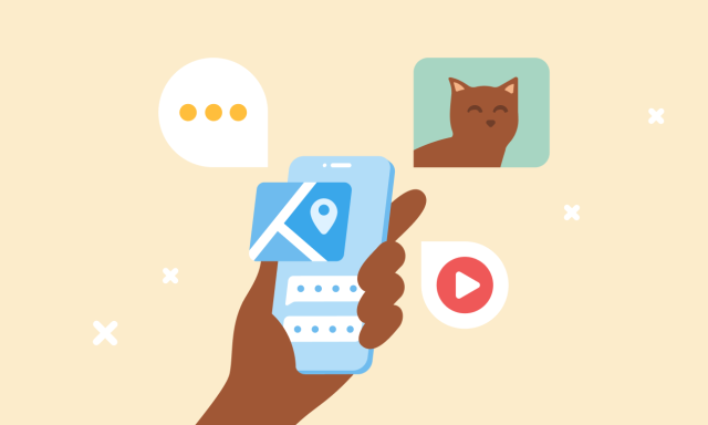 mão de uma pessoa preta, segurando um celular com alguns ícones ao redor (player de vídeo, uma imagem de gatinho e um mapa)