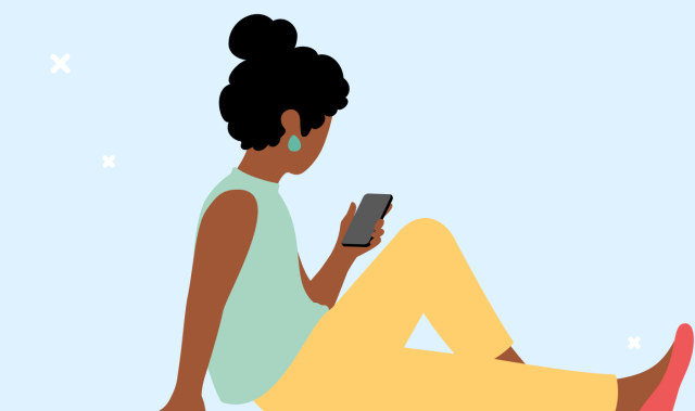Ilustração de uma mulher negra sentada, ela veste calça amarela, blusa verde e sapato vermelho, ela usa também um brinco verde e tem o cabelo preso em um coque. Ela segura um celular na não esquerda.