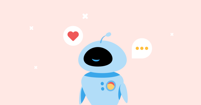 Ilustración de un robot de color azul sobre fondo rosa, a su alrededor dos símbolos, uno de un corazón y el otro de tres puntos amarillos que representan reacciones a conversaciones de mensajería.