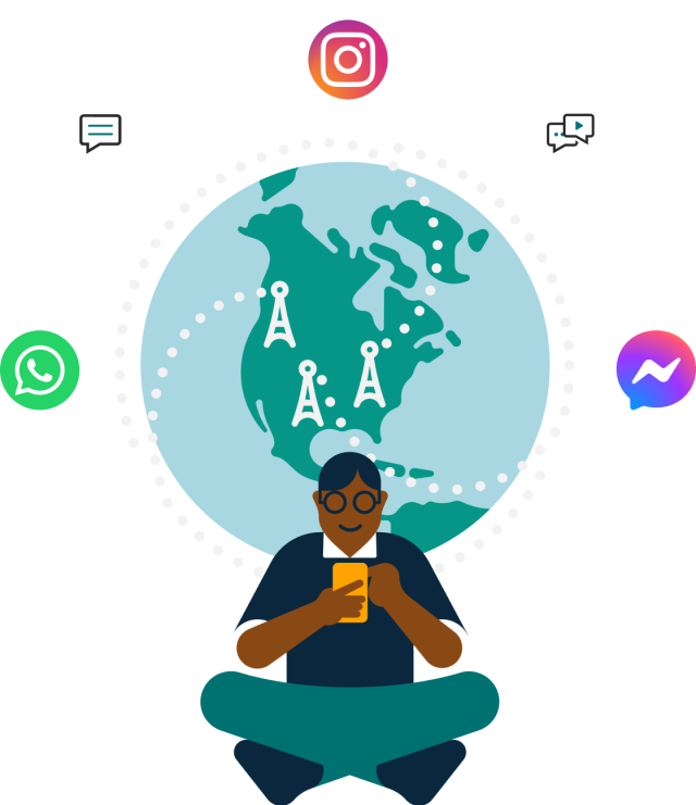 Illustration of man sitting infront of globe with phone