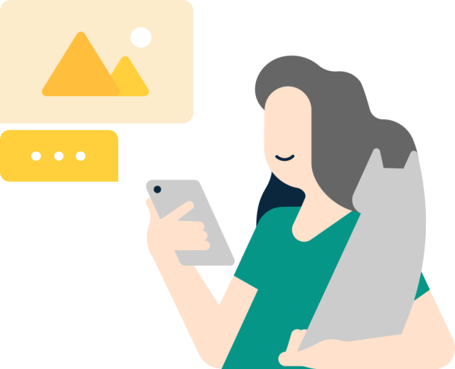 Illustration of person holding cat while looking at her phone and smiling