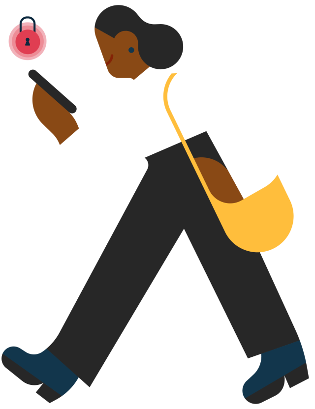 Illustration of woman walking while looking at her phone. Icon of a lock hovering above phone. 