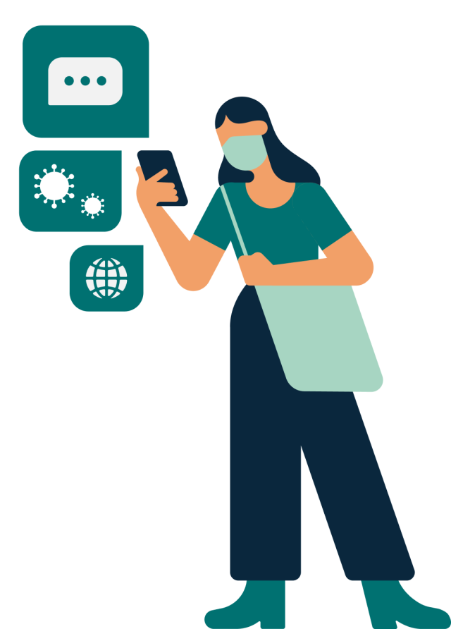 Illustration of a woman holding her phone with face mask and virus symbols