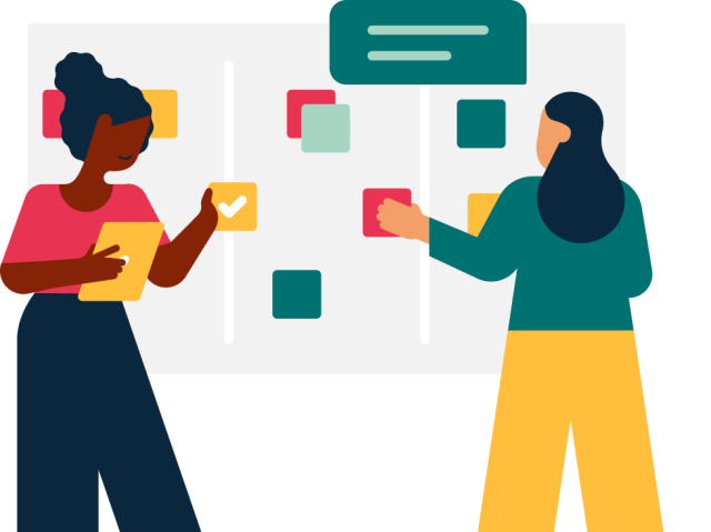illustration of two women at a scrum meeting putting sticky notes on a wall