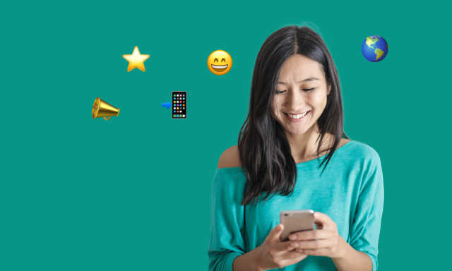 image of girl smiling and holding a phone with emojis around her