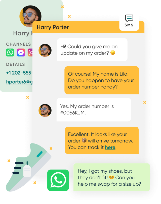 Illustration of sms conversation helping a user out with an order. 
