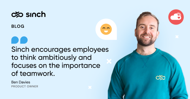 The image shows a blonde man with a blue shirt, with the quote "Sinch encourages employees to think ambitiously and focuses on the importance of teamwork."