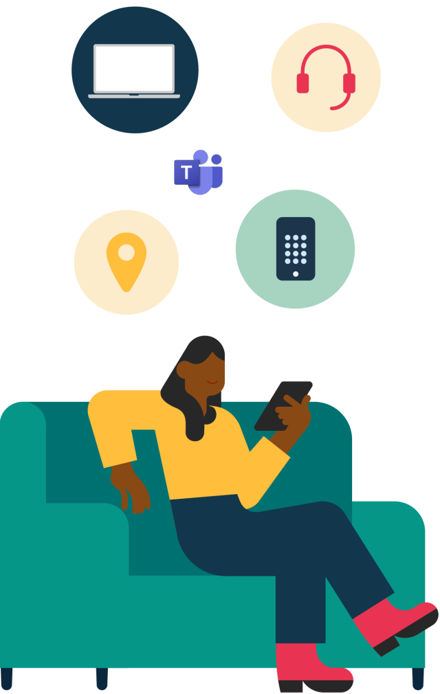 girl on couch with mobile and microsoft teams icons