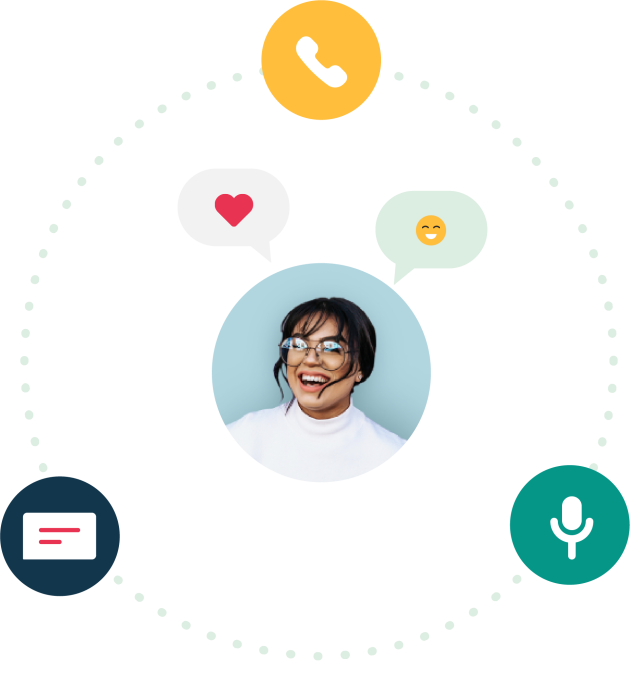 image of girl smiling surrounded by communications icons