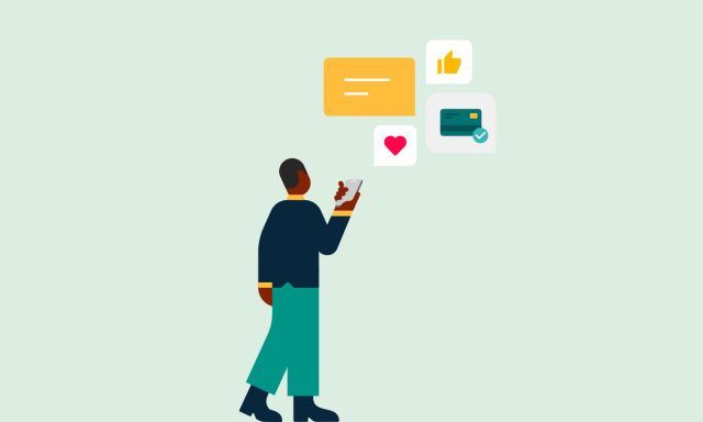 illustration of man on mobile phone with like and credit card icons