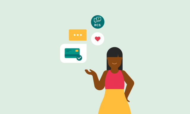 illustration of woman with rcs heart and credit card icons