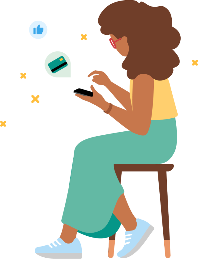 illustration of girl on mobile phone with thumbs up and card icon