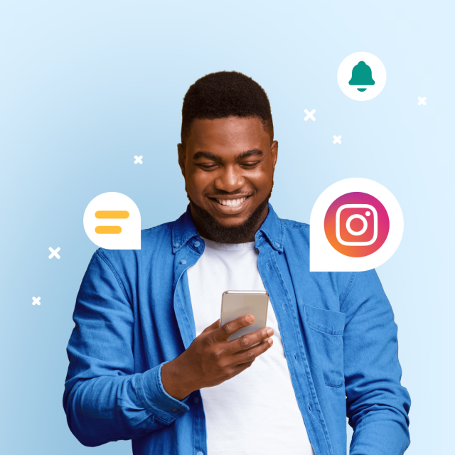 image of man on mobile phone with instagram and other icons