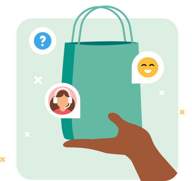 illustration of a shopping bag with speech bubbles showing a positive customer interaction