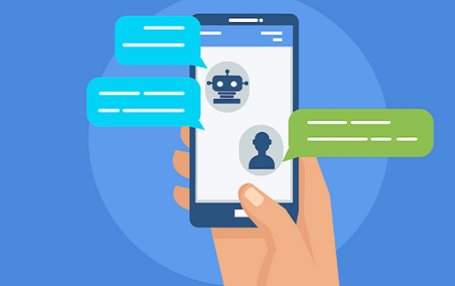 Illustration of a person chatting with a bot through his phone.