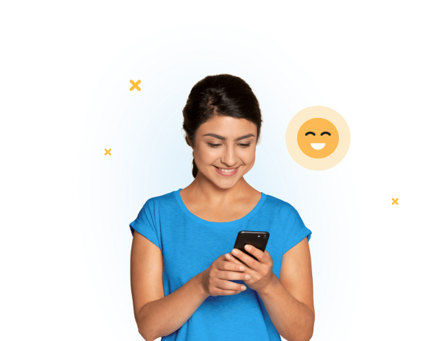 image of woman on mobile phone with smiling emoji