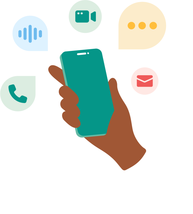 illustration of hand holding mobile phone with product icons