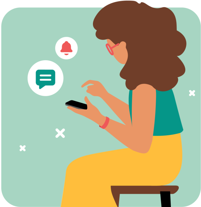 illustration of girl on mobile phone with sms icons