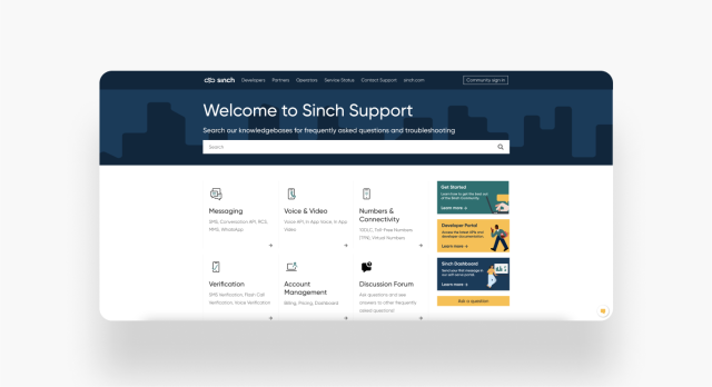 screenshot of the Sinch support site