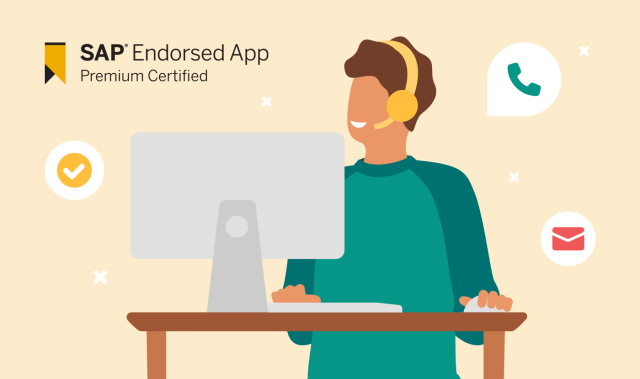 Man on computer with speech bubbles and SAP endorsed app logo