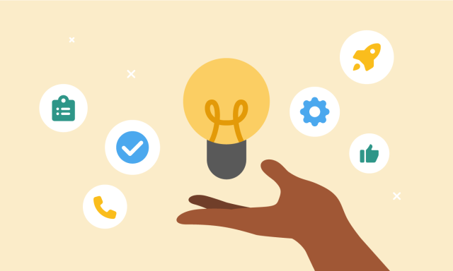 Illustration shows a hand holding a lightbulb over a yellow background.