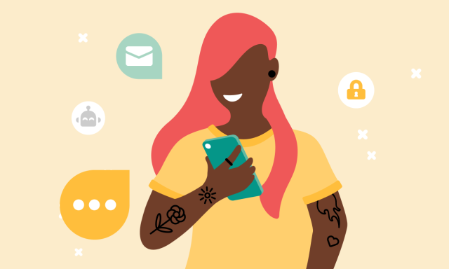 ilustração de uma mulher preta de cabelos longos cor de rosa, com tatuagens nos braços, usando um vestido amarelo, com ilustrações em sua volta de robôs, cadeados, reticências e ícone de mensagem, com o título Chatbots financeiros: O futuro do atendimento inteligente