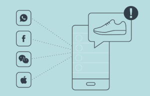 Graphic showing a mobile phone with multiple channels looking at sneakers