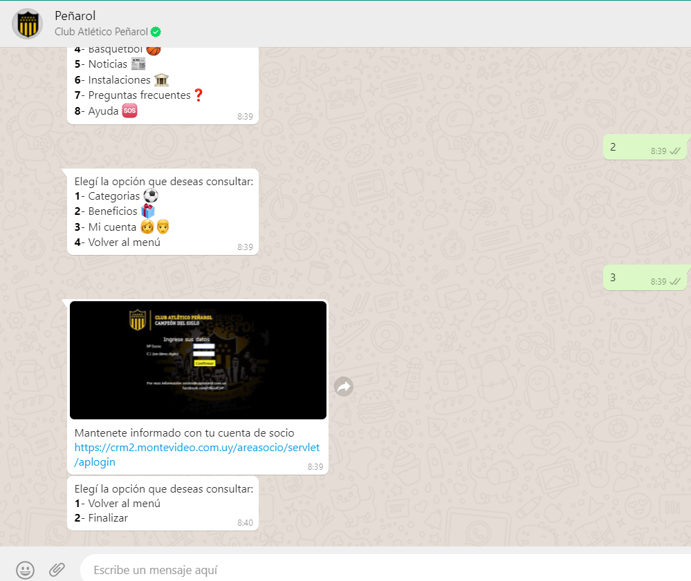 Screengrab showing the Peñarol WhatsApp solution in use