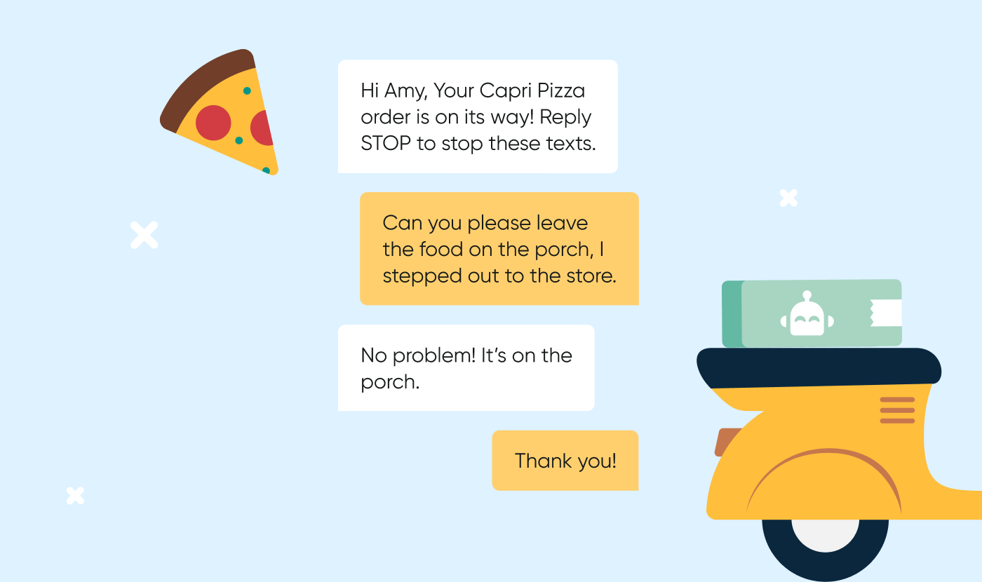 Image showing a pizza being delivered and a text message conversation about it