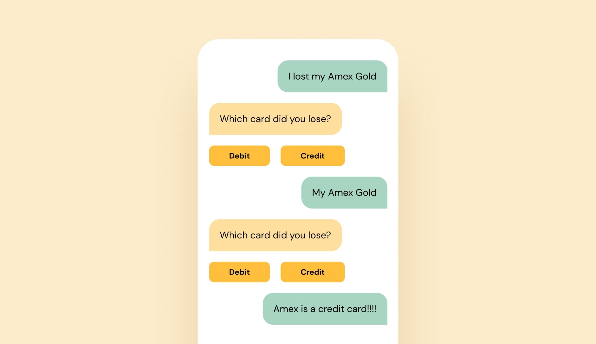 Image showing a phone screen conversation about losing a credit card