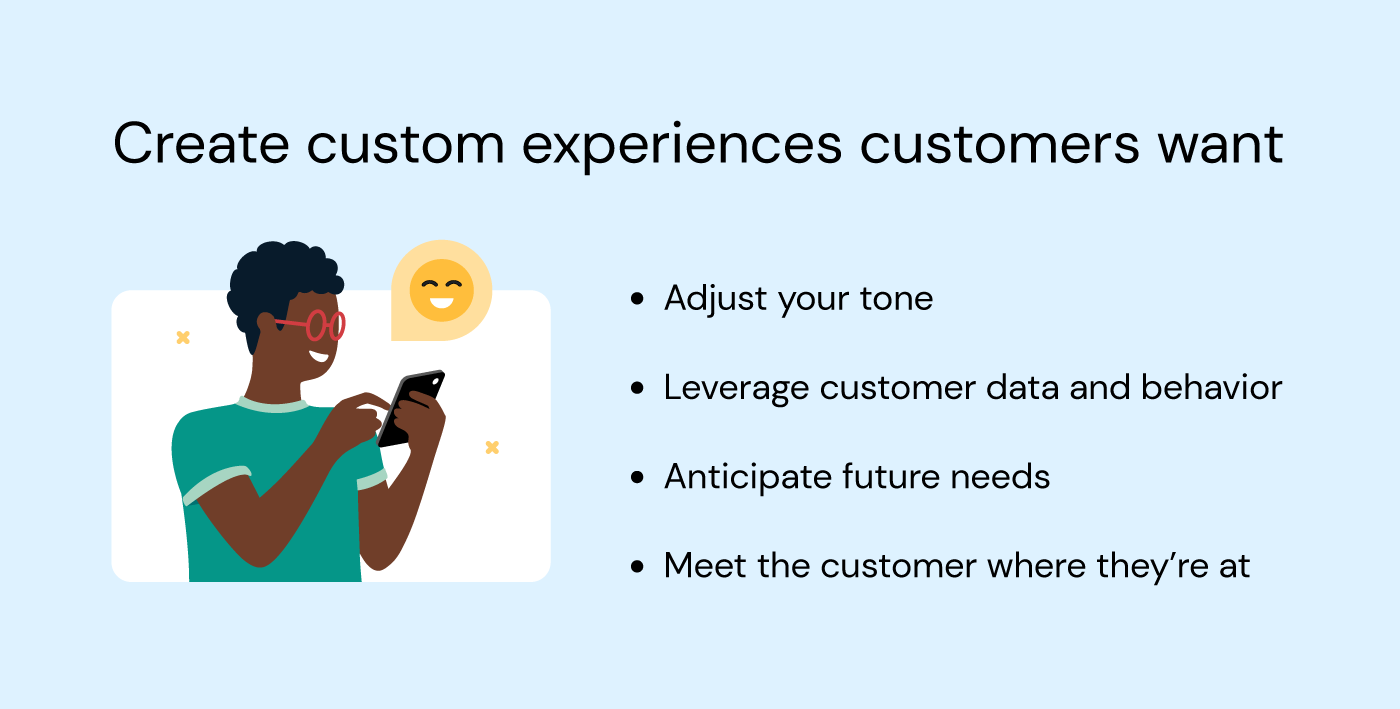 Illustration of a person smiling at her phone lists tips to create great customer experiences.