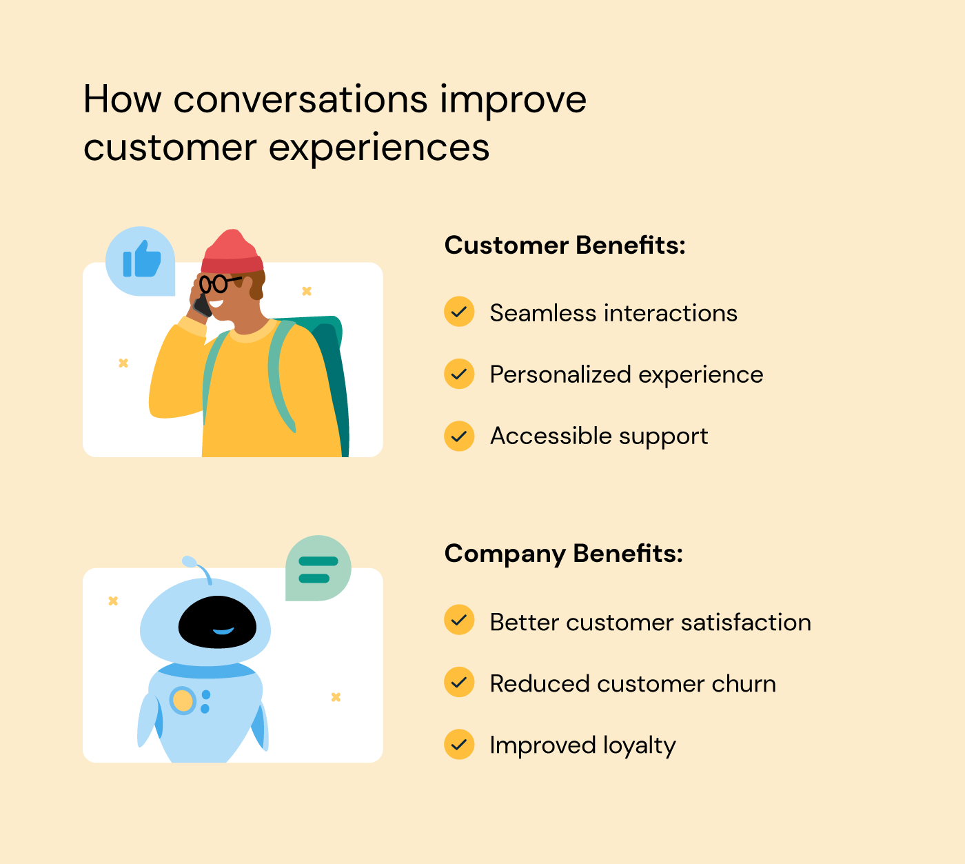 Illustration of a man speaking to a chatbot compares benefits of improved CX for customers and companies.