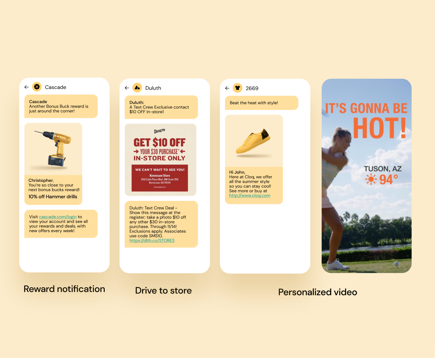 4 different screens demonstrating engaging campaigns for SMS for retail