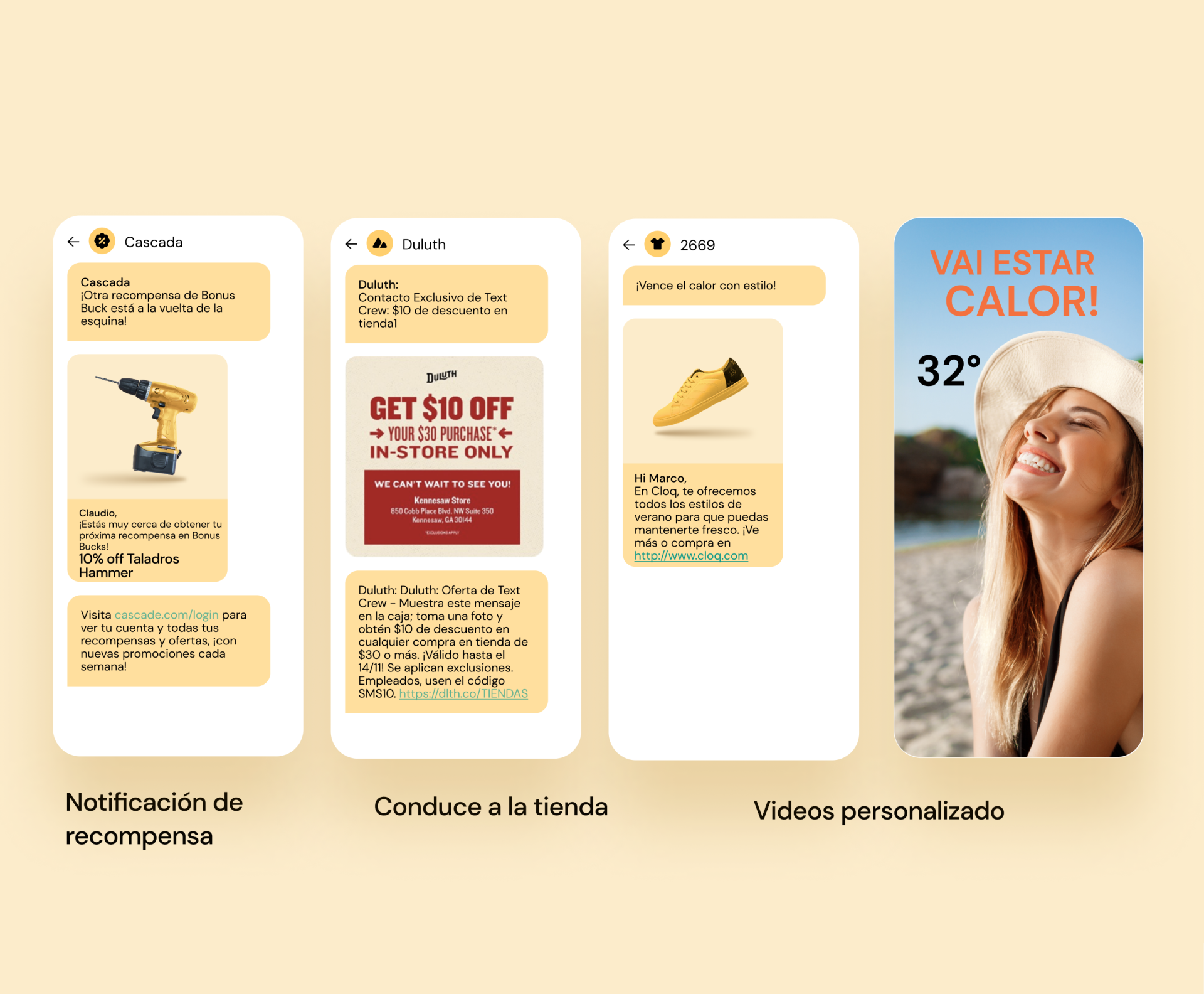 4 pantallas diferentes que demuestran campañas atractivas para SMS para minoristas