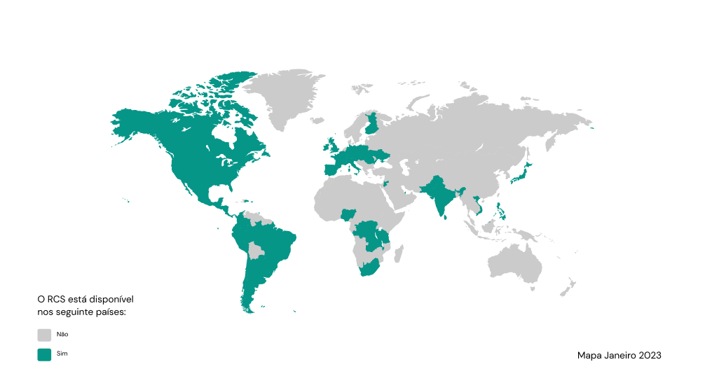 mapa mostrando os países onde as mensagens RCS estão disponíveis - última atualização em janeiro de 2023