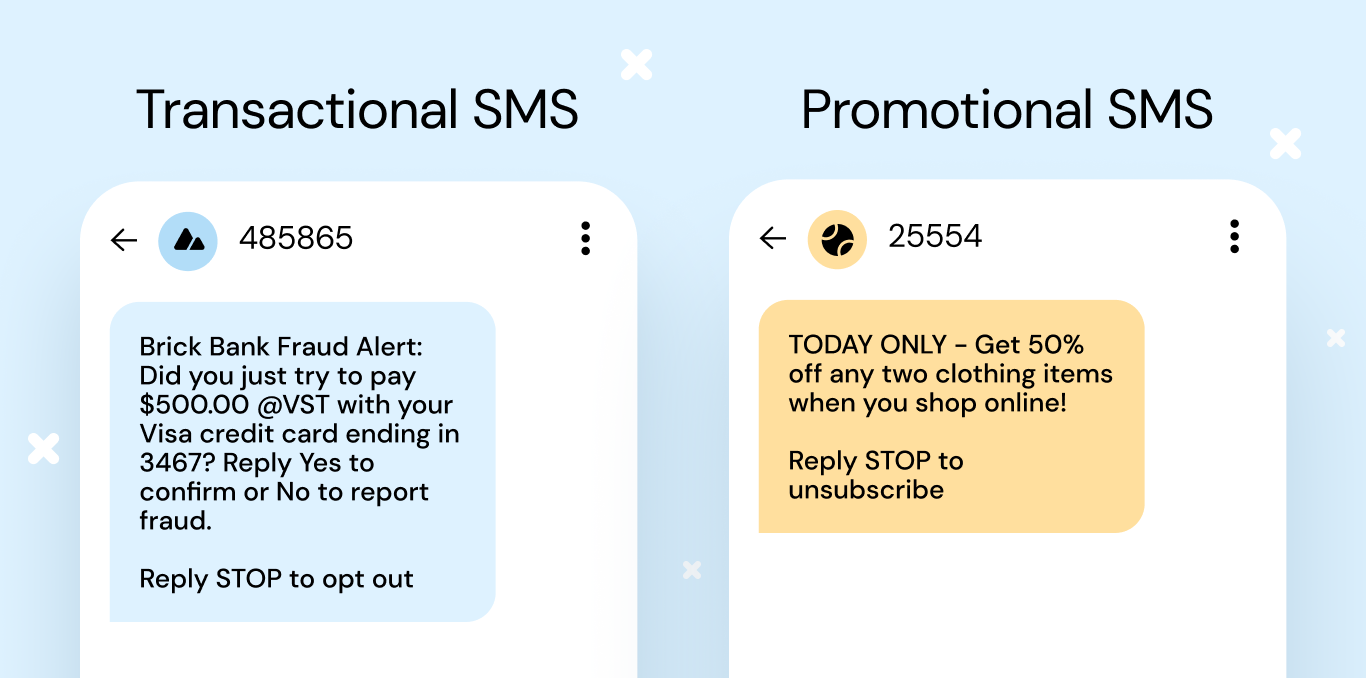 promotional SMS and transactional SMS examples side-by-side